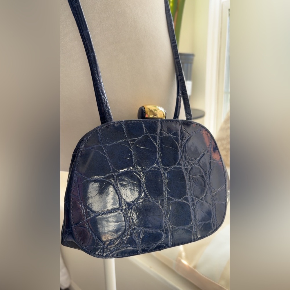 Vintage Navy Blue Crocodile-Embossed Crossbody Bag